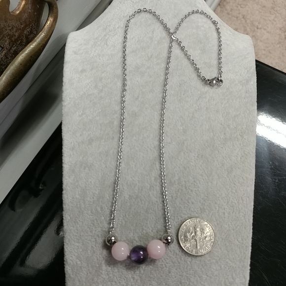 Rose Quartz Amethyst Three Bead Necklace Natural Gemstone Crystal StainlessSteel - Picture 7 of 11